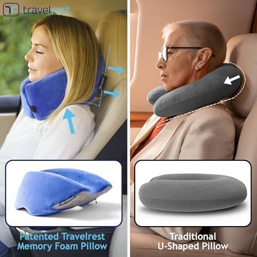 TRAVELREST Sleep Neck Pillow Travel - Travel Essentials, Memory Foam, Neck Support Pillow for Long Flight, Plane Sleeping Accessories, Anti-Slip and Comfortable, Washable, Attaches to Luggage - Blue