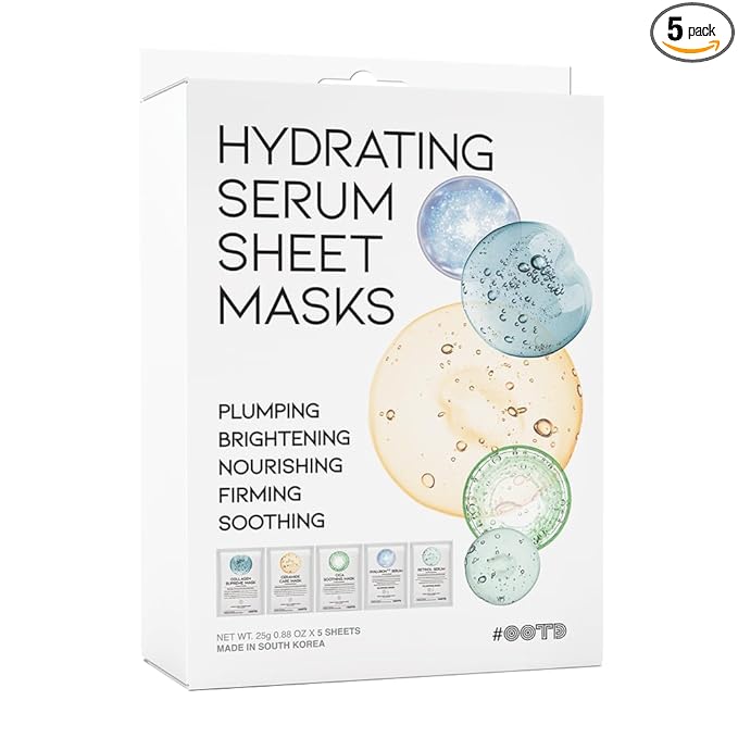 Hydrating Sheet Mask Starter Kit Variety Pack for Skin Care, Dry, Ance, Sensitive Skin, Korean Vegan Facial Sheet Mask for Men & Women, Collagen, Cica, Ceramide, Hyaluron, Retinol 5EA