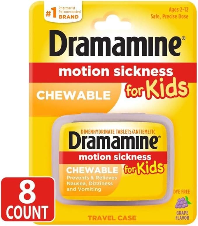 Dramamine Motion Sickness Relief for Kids, Children’s Chewable Tablets, Grape Flavor, Prevents Nausea Dizziness Vomiting, Travel Case Included, Fast Acting, 8 Count (Pack of 2)
