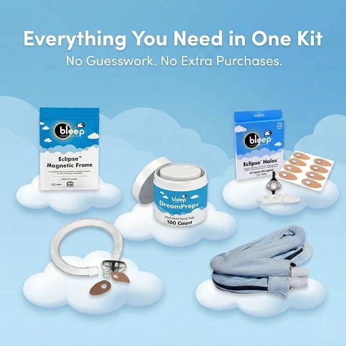 All-in-One CPAP Starter Pack by Bleep - Best CPAP Accessories Kit with Eclipse Mask, Halos, DreamPreps, Hose & Tube - Sleep Apnea Nose Mask for BiPAP Users - Therapy Kit and Supplies for Travel