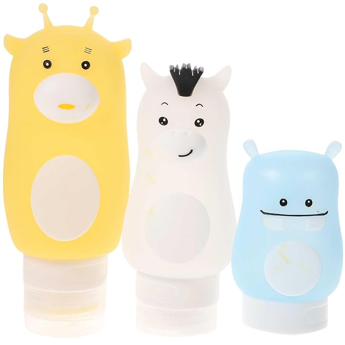 PRETYZOOM Travel Toiletry Bottles Set of 3 Refillable Portable Lotion Shampoo Dispenser Bottles with Cartoon Rabbit Shiba Inu Bear Design Lightweight Squeeze Bottles for Travel 5.31X2.08X1.77In