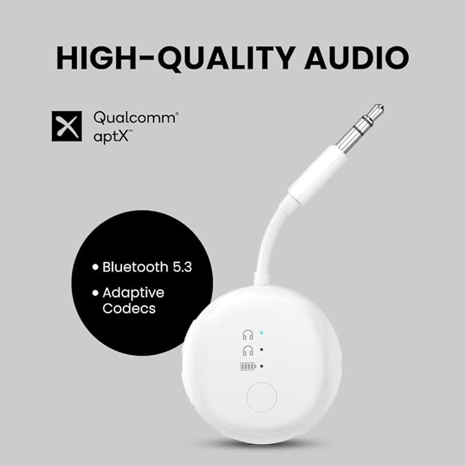 Avantree SoundJet R1 – 25Hr Airplane Bluetooth Adapter for All AirPods | Qualcomm Chipset & aptX Adaptive, Wireless Audio Transmitter for Flight Travel, Works with Bose & Other Headphones