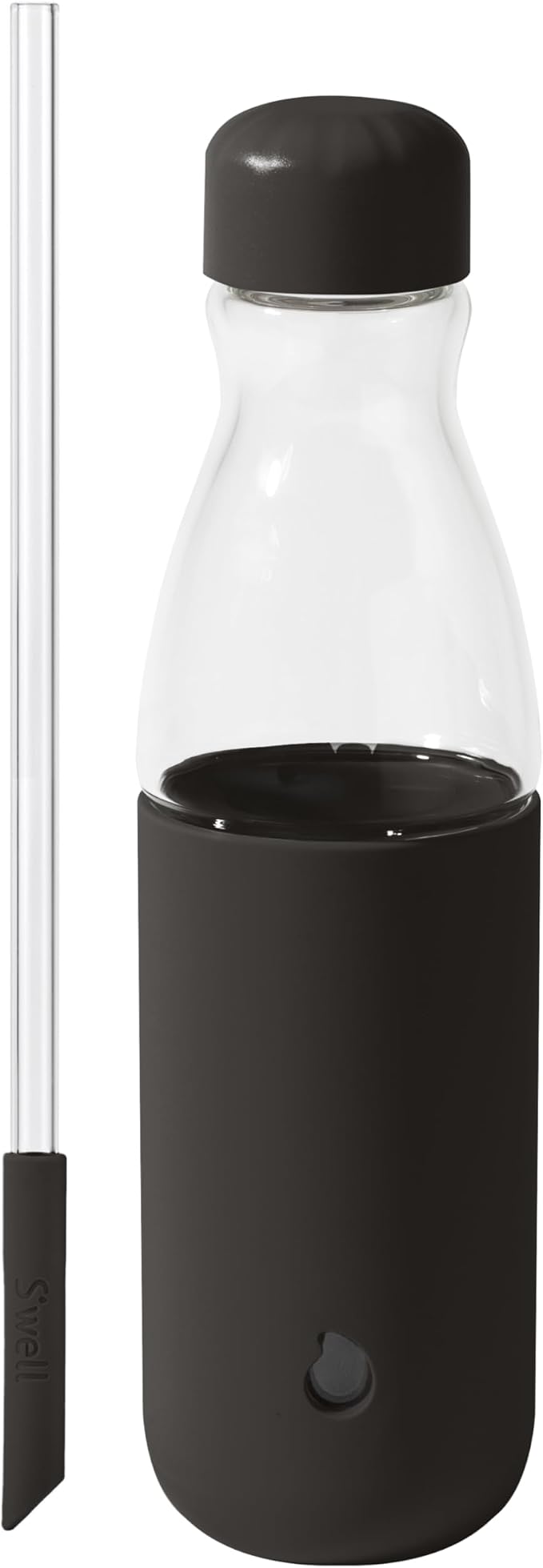 S'well Glass Original Water Bottle With Straw, 18oz, Onyx, Borosilicate Glass Bottle With Collapsible Glass Straw And Silicone Sleeve, Zero Plastic, Leakproof, BPA Free