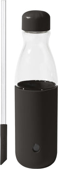 S'well Glass Original Water Bottle With Straw, 18oz, Onyx, Borosilicate Glass Bottle With Collapsible Glass Straw And Silicone Sleeve, Zero Plastic, Leakproof, BPA Free