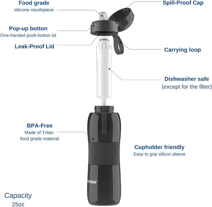 Tayama 25 oz. Black Tritan Alkaline Filtering Water Bottle, BPA-Free