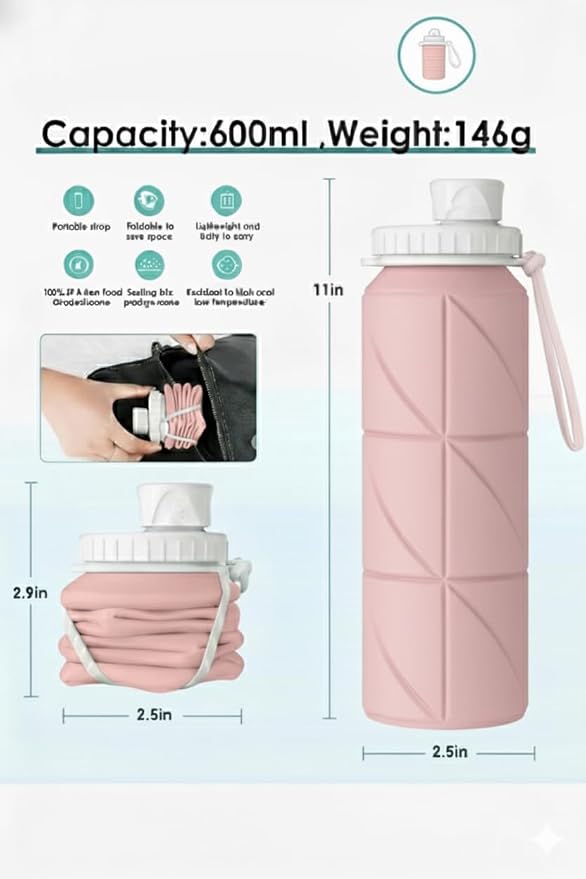Folding Silicone Water Bottle | Collapsible Travel Water Bottle for Gym, Office, School, Cycling, Hiking & Outdoor Sports | Leak-Proof, Portable Bottle | 600 Ml (Pink)
