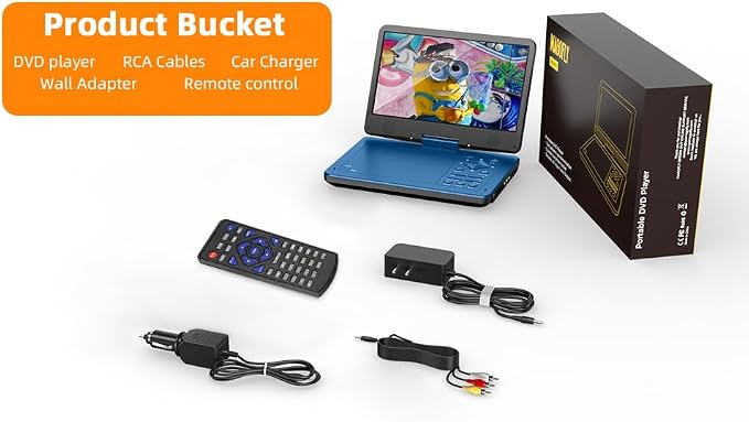 12.5-inch Portable DVD Player with 10.5-inch HD Screen, Portable Design for on-the-go Viewing.Supports 5 Hours of Battery Life.CD/DVD/SD Card/USB Compatible,Region Free (Blue)