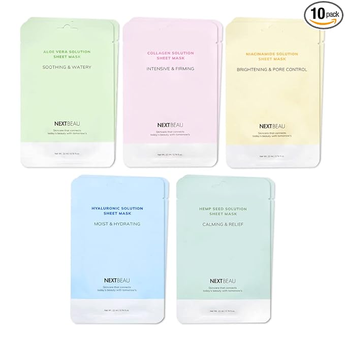 NEXTBEAU Solution Sheet Mask Variety Pack, 10 Count (5 Types x 2 Sheets), 0.74 fl oz Each, Korean Facial Sheet Masks for Daily Skincare