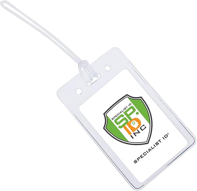Bulk 100 Pack - Locking TOP - Clear Plastic Luggage Identification Tags with Loops Included - Business Card or Photo Insert Bag Tags - Great for Travel and Student ID’s by Specialist ID