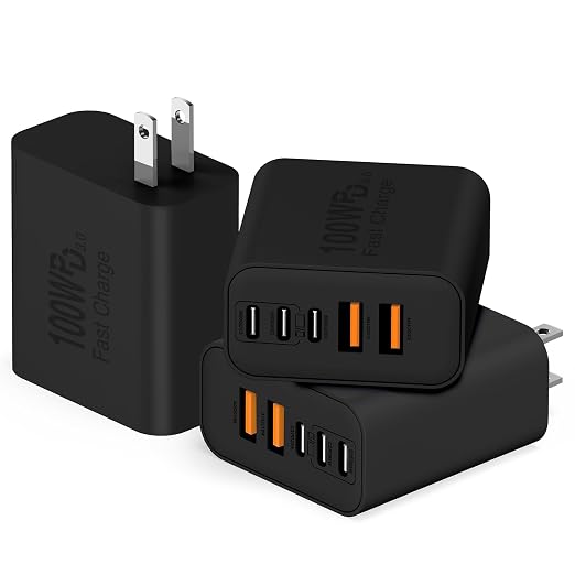 QZIIW USB C Wall Fast Charger Block, 100W 5-Port Type C Fast Charging Block 3 Pack-PD Power Charger Adapter QC 3.0 USB Multiport Charger Brick for iPhone 17 16, Samsung Series MacBook/Air, iPad, etc.