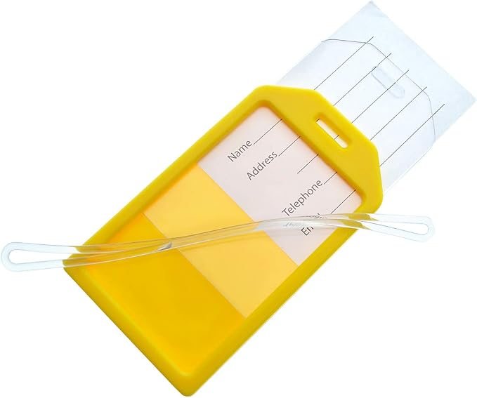 Bulk 50 Pack - Premium Rigid Airline Luggage Tag Holders with 6" Worm Loops - Heavy Duty Hard Plastic -Suitcase ID Tag Identifiers with Business Card Insert Window by Specialist ID (Yellow)