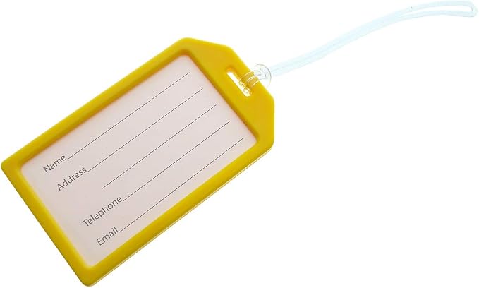 Bulk 50 Pack - Premium Rigid Airline Luggage Tag Holders with 6" Worm Loops - Heavy Duty Hard Plastic -Suitcase ID Tag Identifiers with Business Card Insert Window by Specialist ID (Yellow)