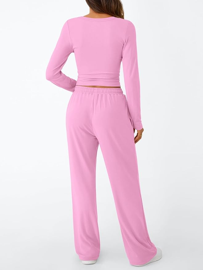 Trendy Queen Women's 2 Piece Matching Lounge Set Long Sleeve Side Ruching Top Wide Leg Drawstring Pants Set with Pockets