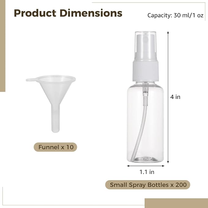 OMISTAR 200 PCS 1 oz Mini Small Spray Bottle - 30ml Transparent Plastic Travel Spray Bottles for Perfume Cosmetic, Travel Size with 5 Funnels, Convenient Refillable, Leak-proof Design