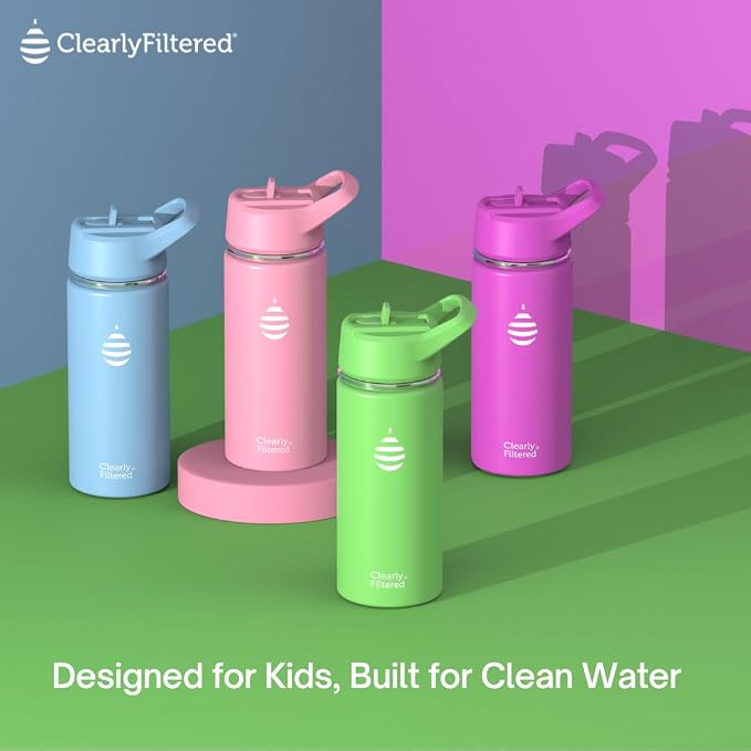Clearly Filtered Water Bottle | Removes 200+ Contaminants, Double-Wall Insulated Stainless Steel, BPA/BPS Free, Phthalate Free, Filters Flouride Lead Chlorine (16oz, Purple Dino)