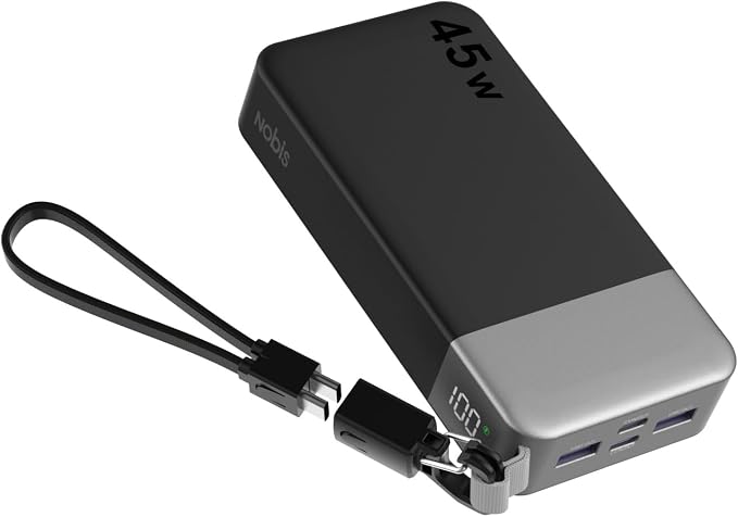 NOBIS Portable Charger 20000mAh, 45W Power Bank Fast Charging, 4-Output Battery Pack w/Detachable Dual Type-C Lanyard Cable & Hook, Battery Bank w/Digital Display for Phone, Laptop, Steam Deck