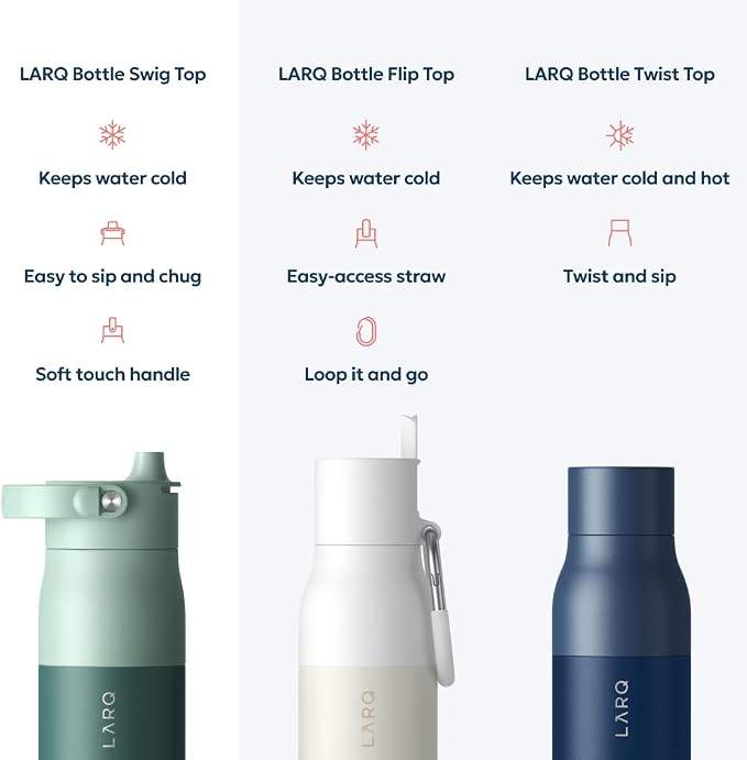 LARQ Swig Top — Insulated Stainless Steel Water Bottle with Straw, Detachable Silicone Handle, Vacuum 24h Cold, BPA-Free Metal Bottle for Gym, Travel, Office, Wide Mouth for Ice — 34 oz, E. Green