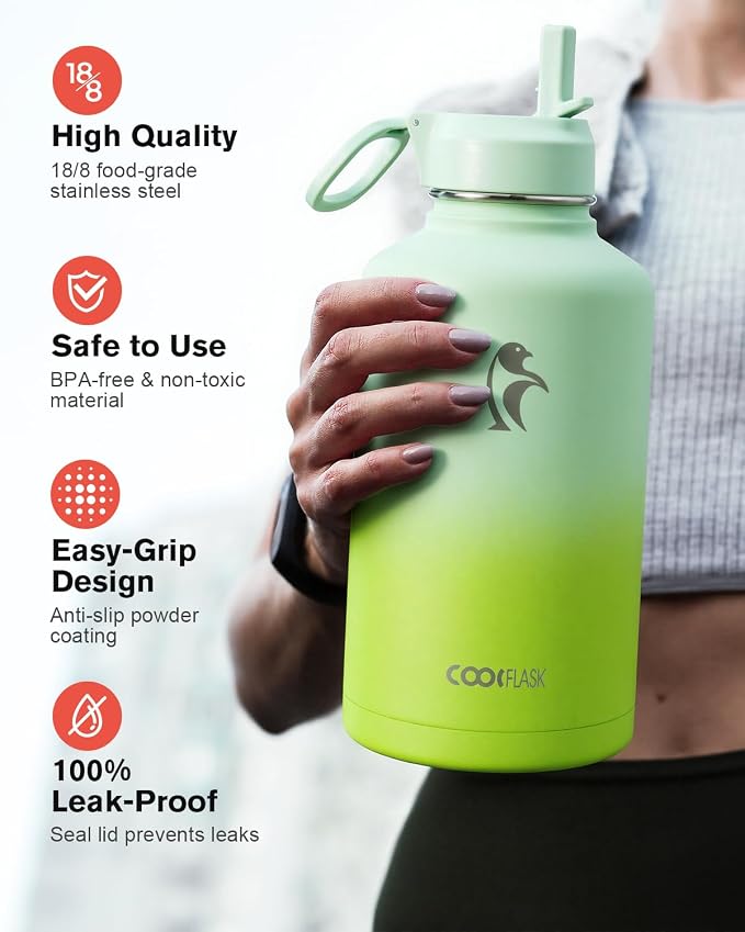 Half Gallon Water Bottle Insulated with Straw & 3 Lids, Coolflask 64 oz Water Jug Large Metal Stainless Steel Wide Mouth for Sports, Gym or Office, Non-BPA Keep Cold 48H Hot 24H, Ombre Green