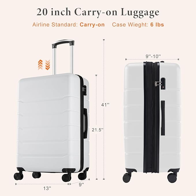 Sweetcrispy 20 Inch Carry On Luggage, Lightweight ABS Rolling Hard Shell Suitcase with Quiet Spinner Wheels, Built-in TSA Lock, Portable Travel Suitcase for Business Trip & Vacation Use, White