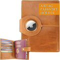 GARZINI Passport Holder with AirTag, Passport Wallet with RFID, Travel Accessories, Travel Document Holder with ID Window, Leather Passport Holder for 7 Cards, Brushed Caramel