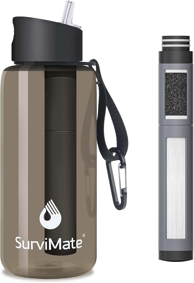 Survimate 5-Stage 0.01μm Ultra-Filtration Filtered Water Bottle, BPA-Free Material, NSF/ANSI 42 Certified, Portable Water Filter Bottle for Survival, Camping, Hiking, and Emergency Use