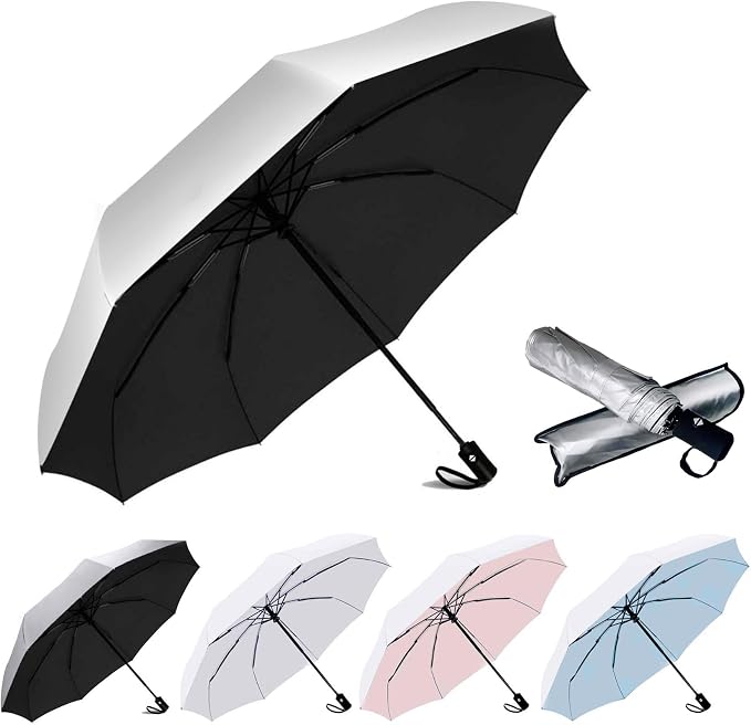 SIEPASA Compact Travel Umbrella - Windproof Auto Open/Close, Small Folding Umbrella for Rain & Sun with UPF50+ - Lightweight Frame, Waterproof - Fits Backpack, Purse, Suitcase.(Silver/Black)