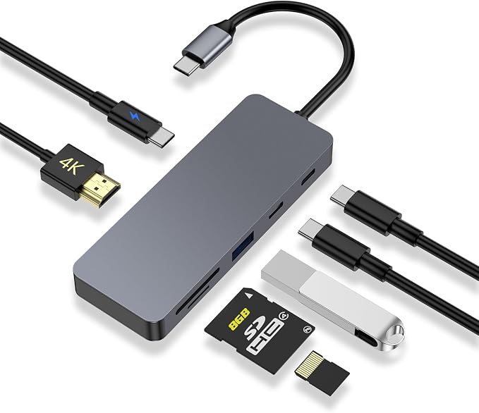 USB C Hub, 7 in 1 USB C Adapter Docking Station with 4K HDMI, 100W PD, Type-C 3.2, Type-C & USB 2.0, SD/Micro SD Card Reader for MacBook, Laptops,Tablets, Switch, OTG Function Devices