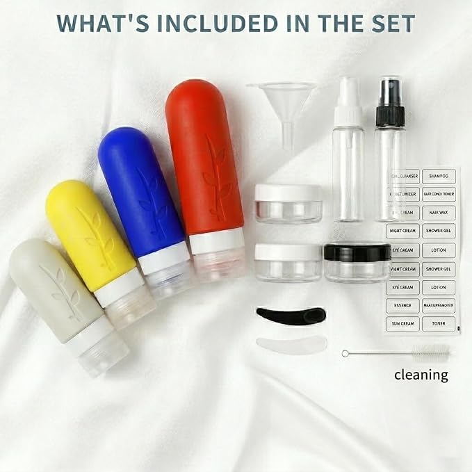 DEPOZA Travel Bottles Kit (16 Pack) - TSA Approved, Leak Proof Silicone Squeezable Containers for Toiletries. Complete Set with Jars, Sprayers & Bag (Fluorescent)
