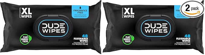 DUDE Wipes, 48 Count, 2 Pack | Flushable | Unscented | Extra-Large | Vitamin-E & Aloe