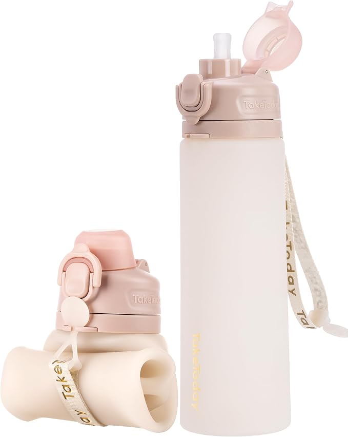 TakeToday Collapsible Water Bottles 32oz Black and 20oz Desert Sand Foldable Travel Water Bottle with Strap, BPA Free, Silicone Water Bottle Leakproof for Hiking, International Travel, Outdoors