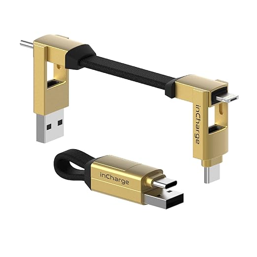 Rolling Square inCharge 6 - Keychain USB C Charger Cable, Lightning Cable and Micro-USB for Smartphone, Universal Cable Charger 6 in 1, USB Plug, 15W, Gold