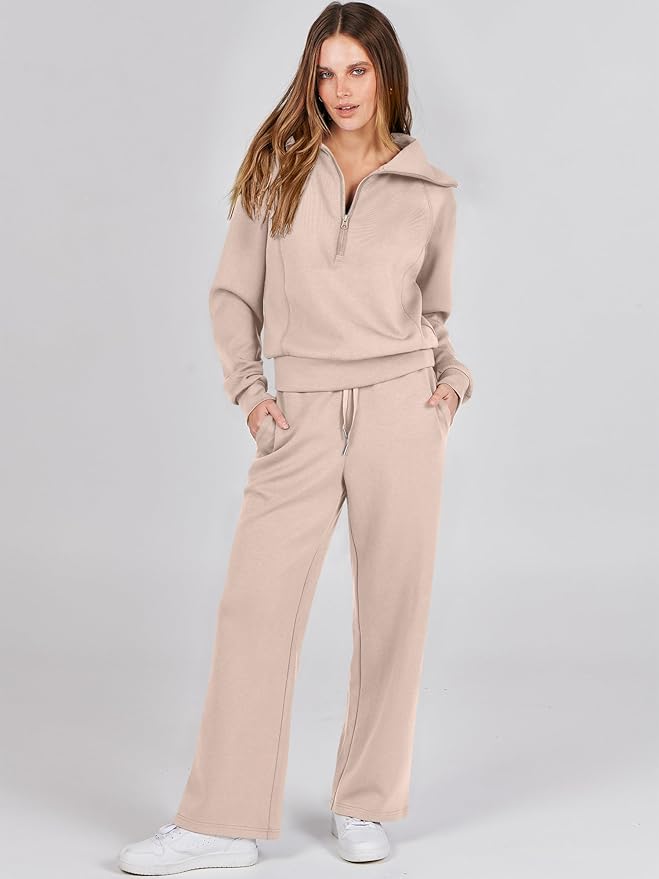 ANRABESS Women’s 2 Piece Outfits Half Zip Sweatshirt & Wide Leg Pants Airport Travel Lounge Matching Sets Sweatsuits Clothing