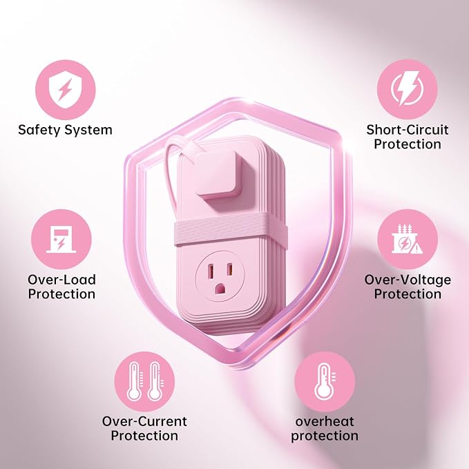 Travel Power Strip, SMALLRT 2 Pcs Extension Cord with Multiple Outlets, 3.3FT Wrapped Extension Flat Plug Power Strip with 4 AC Outlets for Travel, Hotel, Cruise Approved, No Surge Protection, Pink
