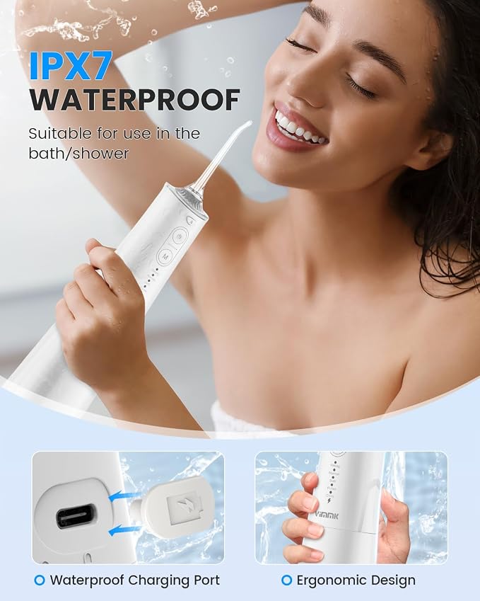 VIMMK Water Flosser, Cordless Water Dental Flosser, 9 Jet Tips 5 Modes 300ML IPX7 Waterproof, Portable Rechargeable Oral Irrigator for Home Travel - Gums, Orthodontic, Braces Care (White)
