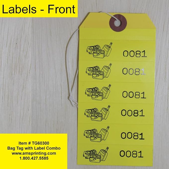1000 Baggage Claim Check Tags with Manifold Construction for Multiple Bags. Yellow Stock, Printed in Black Ink with 6 Yellow Labels & Matching Numbers & Elastic String Attached. Size: 6 1/2" x 2 1/2"