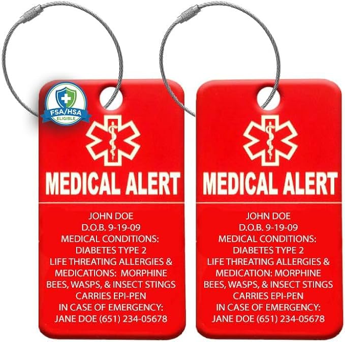 Universal Medical Data Medical Luggage Tags – Custom Engraved Waterproof & Durable – Acrylic Personalized ID for CPAP Bag, Suitcases, Backpacks & Strollers – Medic Bag Tag for Air Travel – Pack of 2