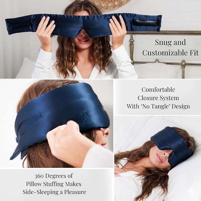QUIET COVE Plush Luxury Silk Sleep Mask - Sleep Comfortably on Your Side - 22 Momme Mulberry Silk, Total Blackout, Luxe Cloud Filling Soothes Your Eyelids - Luxury Gift for Dad (Noble Blue)