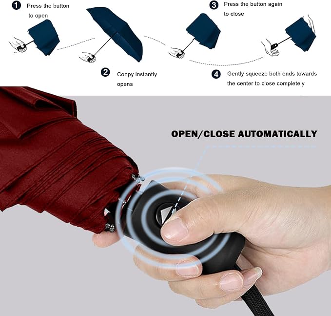 SIEPASA Windproof Travel Compact Umbrella-Automatic Umbrellas for Rain-Compact Folding Umbrella, Travel Umbrella Compact, Small Portable Windproof Umbrellas for Men Women Teenage. (Wine Red)