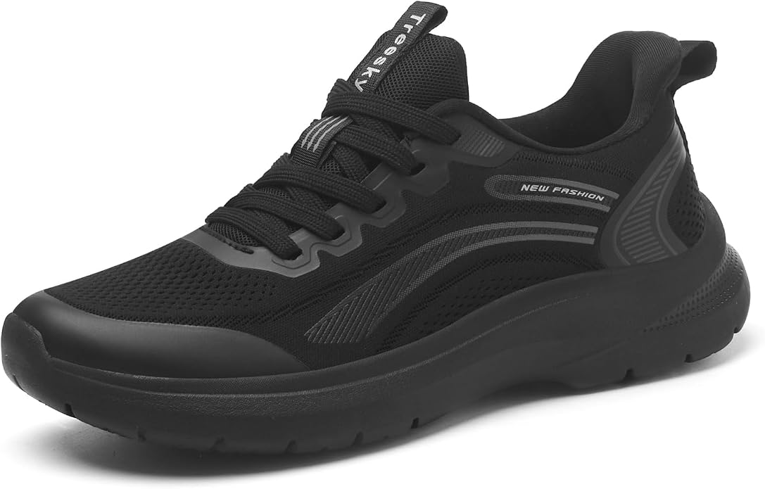 Treesky Black Non Slip Work Shoes for Women, Restaurant & Kitchen Sneakers | Slip resistant soles, lightweight cushioning, breathable knit, removable insole, for nursing, food service & long shifts