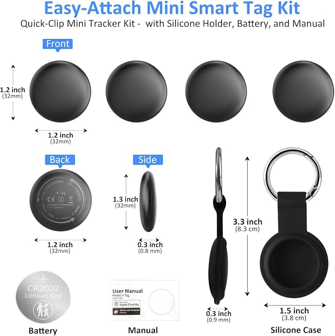 Tracker Tags for Android and iOS – Bluetooth Item Finder, Works with Apple Find My & Android Find My Device, Luggage Tracker for Keys, Wallet, Backpack & Suitcase, Anti-Lost Tag, Black