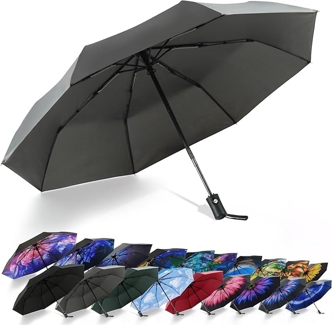 SY COMPACT Travel Umbrella - Windproof Automatic Compact Umbrella for Rain, Lightest 8-Rib, Small, Strong & Portable, Durable Grip, Fits Backpack & Car, Factory Direct (UV Available)