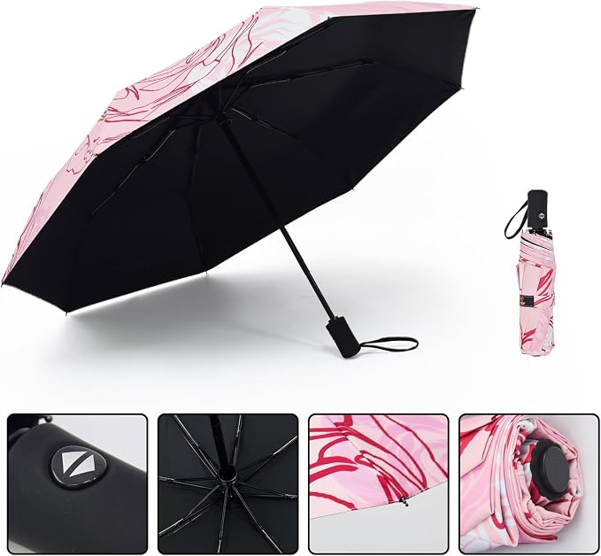 SY COMPACT Travel Umbrella - Windproof Automatic Compact Umbrella for Rain, Lightest 8-Rib, Small, Strong & Portable, Durable Grip, Fits Backpack & Car, Factory Direct (UV Available)