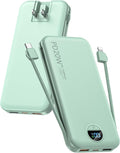 citicr Portable Charger 10000mAh PD20W w/Built-in Cables & Wall Plug Green | Fast charging, Built-in wall plug, LED display, Charge 5 devices at once, Pass through charging, TSA approved, Pocket size