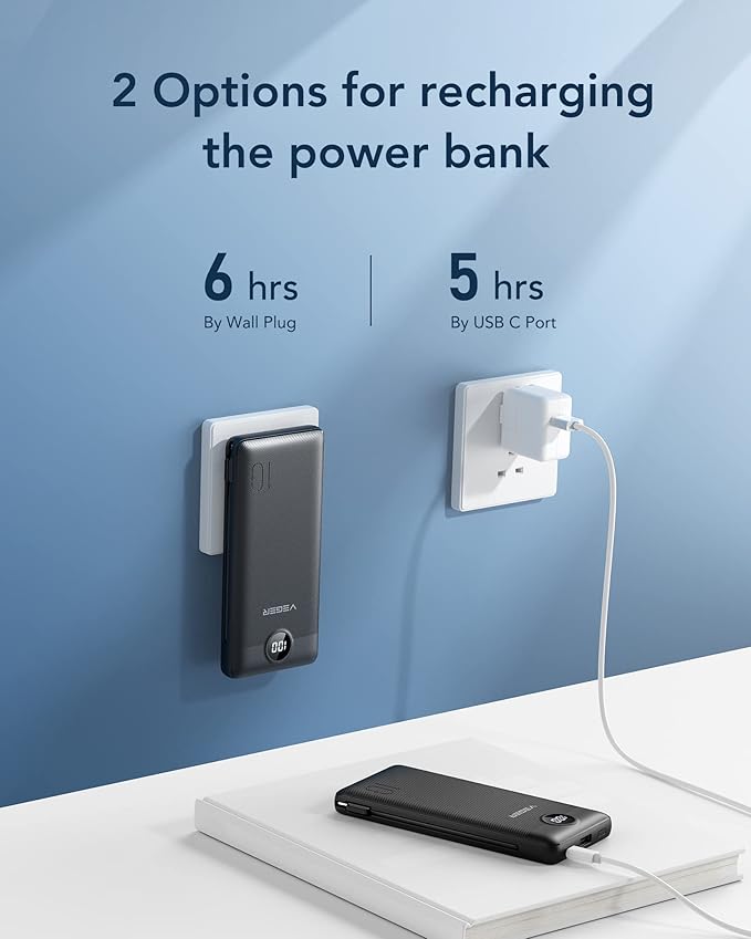 VEGER Portable Charger Power Bank with Built-in AC Plug and Cables, All in One 10000mAh Ultra Slim Travel Essentials, Fast Charging Battery Pack Compatible with iPhone, Samsung, Android, Black