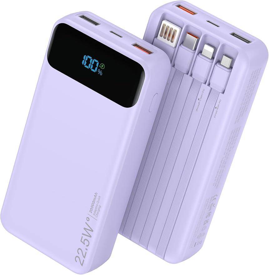 Nusyddy Portable Charger 20000mAh 22.5W w/4 Built-in Cables/6 Outputs Purp. | High capacity, Fast Charge, LED Display, Pass Through Charging, Charge 6 Devices at once, TSA Approved, Fits iPhone, Samsung