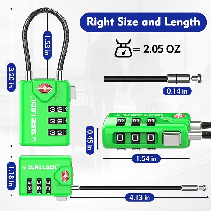 SURE LOCK TSA Approved Luggage Locks with Open Alert Indicator, 3 Digit Combination Cable Travel Lock for Suitcase, Backpack, Gym Locker, Toolbox & Travel Bag（Green 2 Pack