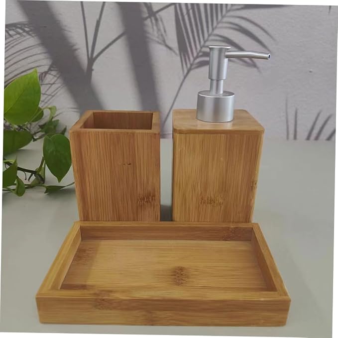 Holibanna Rustic Bathroom Kit Travel Toiletries Set Toothbrush Holder Shampoo Dispenser Shower Soap Dispenser Bamboo Decor for Room Accessories