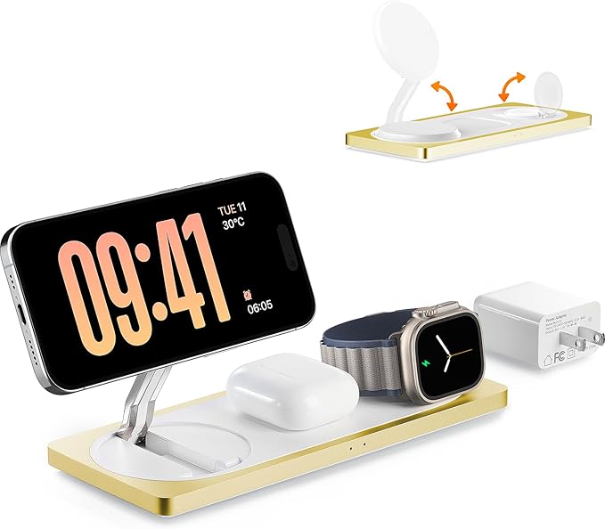 PETINO 3 in 1 Wireless Charging Station for Apple Devices with MagSafe | For iPhone 17/Air/16/15/14/13/12, AirPods & Apple Watch, Foldable Portable Aluminum Charging Stand, Adapter Included