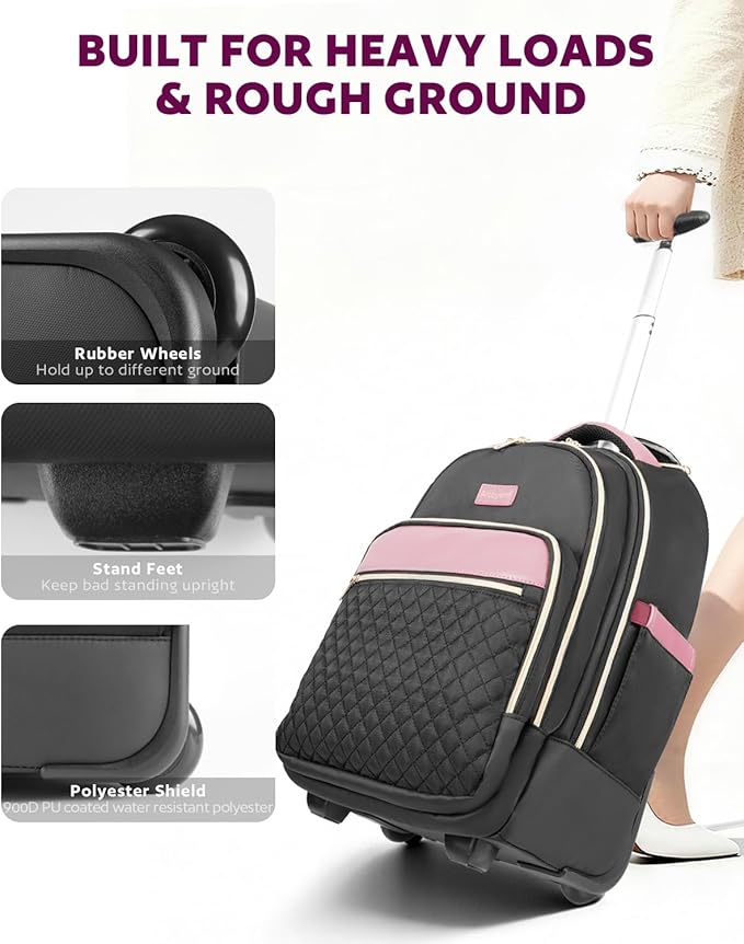Arcoyard Rolling Backpack for Women, 17 Inch Laptop Backpack With Wheels for Adults, Large Water Resistant Wheeled Carry On Luggage Roller Bag, Flight Approved for Work, Travel, College, Black Purple