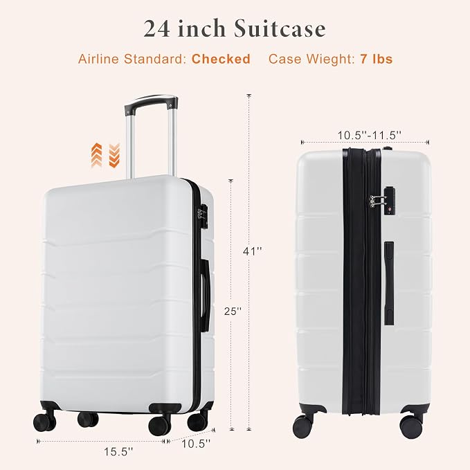 Sweetcrispy Carry on Luggage, Hard Shell ABS Suitcase with Double Spinner Wheels, Lightweight Expandable Rolling Suit Case with TSA Lock, 24 Inch Cream White